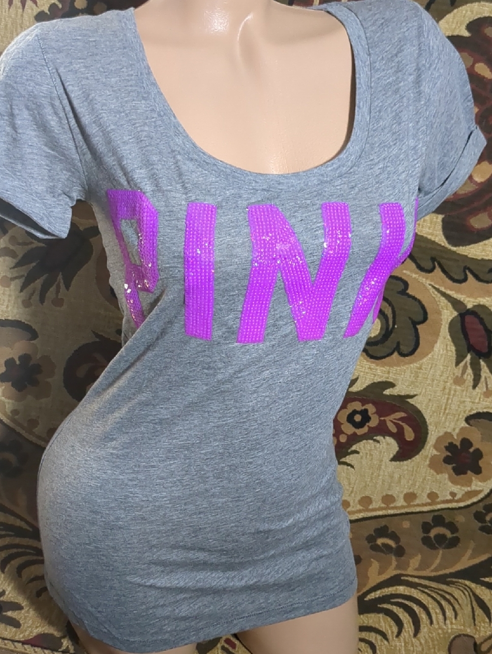 PINK Victoria's Secret Heather Gray Short Sleeve Crew Tee bling